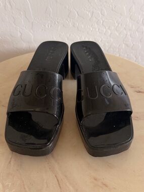 Black Gucci rubber platform logo slides